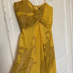 Le Chateau Yellow Silk Chiffon Gown with bronze metallic shimmer detail.